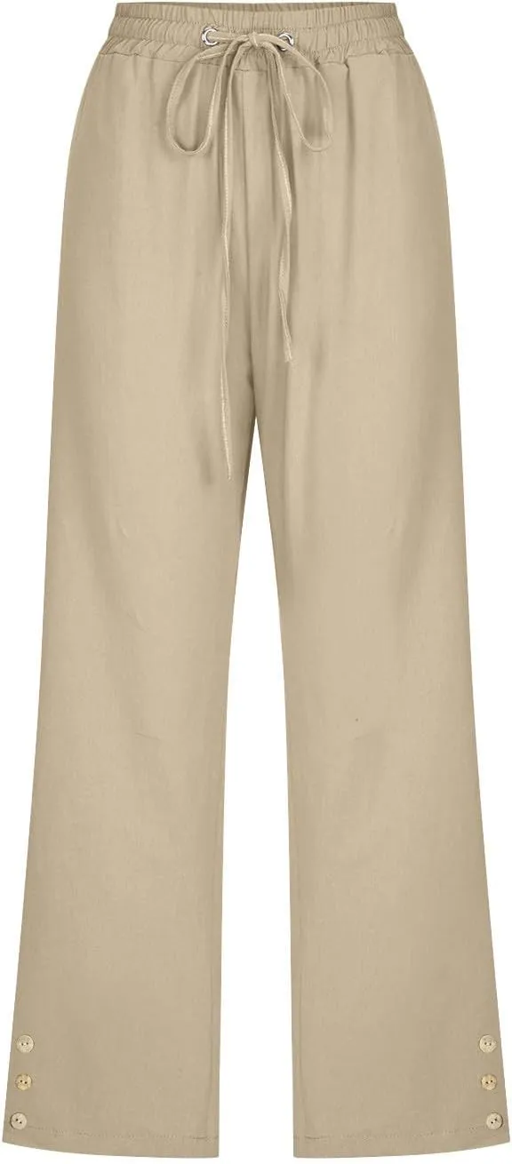 Women'S Casual Cotton Linen Pant Trendy Lounge Elastic Regular Fashion Waist Summer Elastic Trousers with Pocket