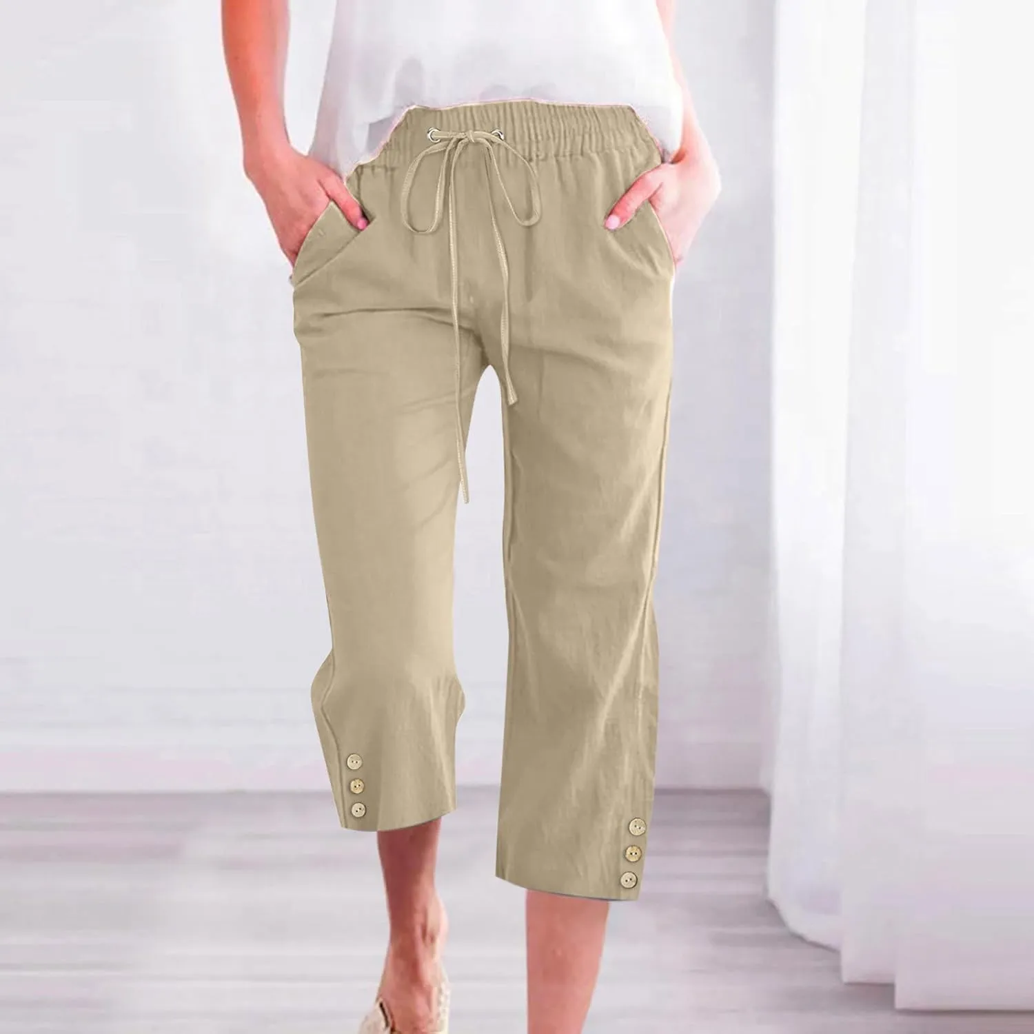 Women'S Casual Cotton Linen Pant Trendy Lounge Elastic Regular Fashion Waist Summer Elastic Trousers with Pocket