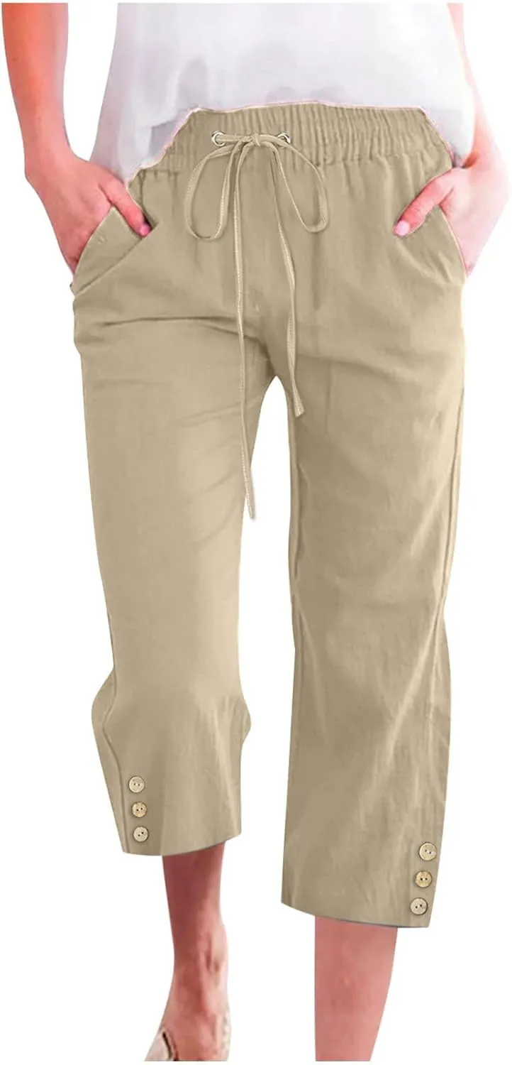 Women'S Casual Cotton Linen Pant Trendy Lounge Elastic Regular Fashion Waist Summer Elastic Trousers with Pocket
