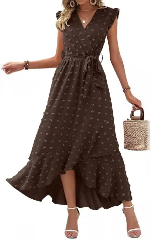 Women's Casual Dress 2025 V Neck Swiss Dot Boho Dresses Wrap Midi Ruffle Slit Hem Flowy Swing Beach Long Dresses