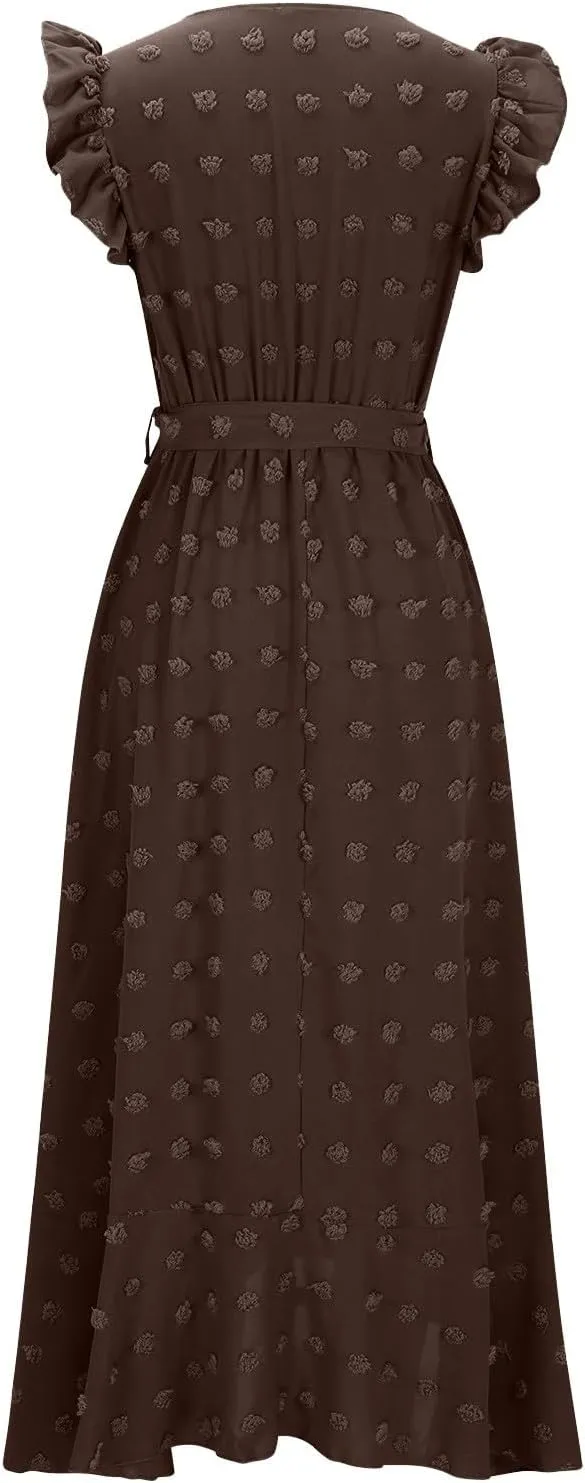Women's Casual Dress 2025 V Neck Swiss Dot Boho Dresses Wrap Midi Ruffle Slit Hem Flowy Swing Beach Long Dresses