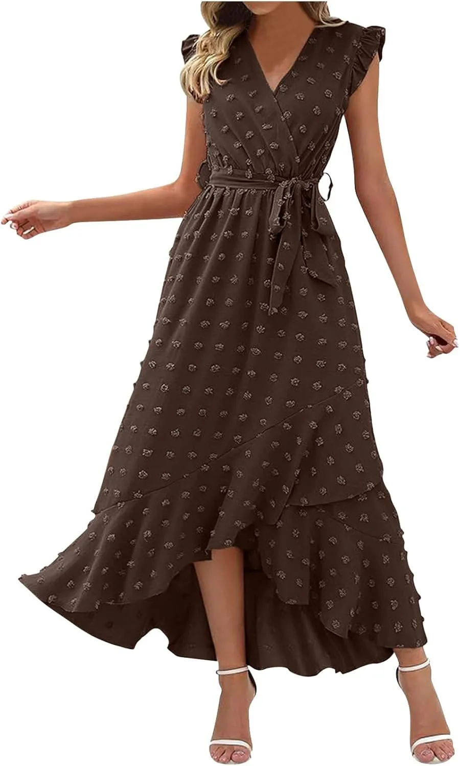 Women's Casual Dress 2025 V Neck Swiss Dot Boho Dresses Wrap Midi Ruffle Slit Hem Flowy Swing Beach Long Dresses