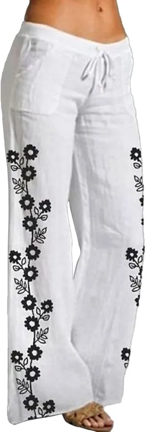 Women's Casual High Waist Pants Linen Boho Floral Wide Leg Lightweight Lounge Pant Flowy Summer Beach Cool Trousers