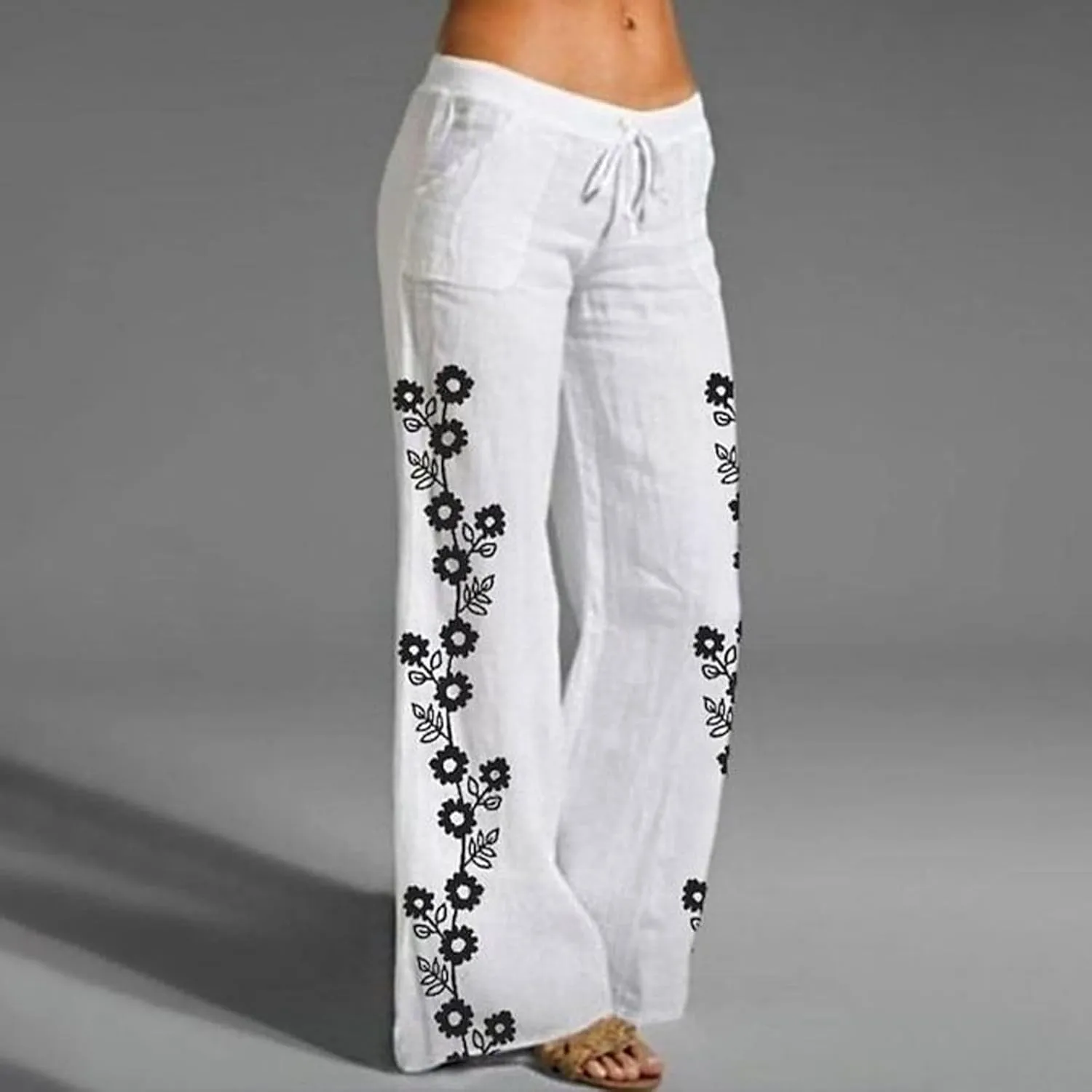 Women's Casual High Waist Pants Linen Boho Floral Wide Leg Lightweight Lounge Pant Flowy Summer Beach Cool Trousers