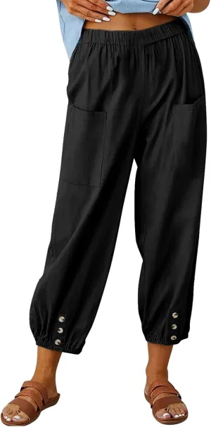 Women's Casual Lantern Tapered Harem Pants High Waist Baggy Cotton Linen Pants Summer Ankle Trousers with Pockets
