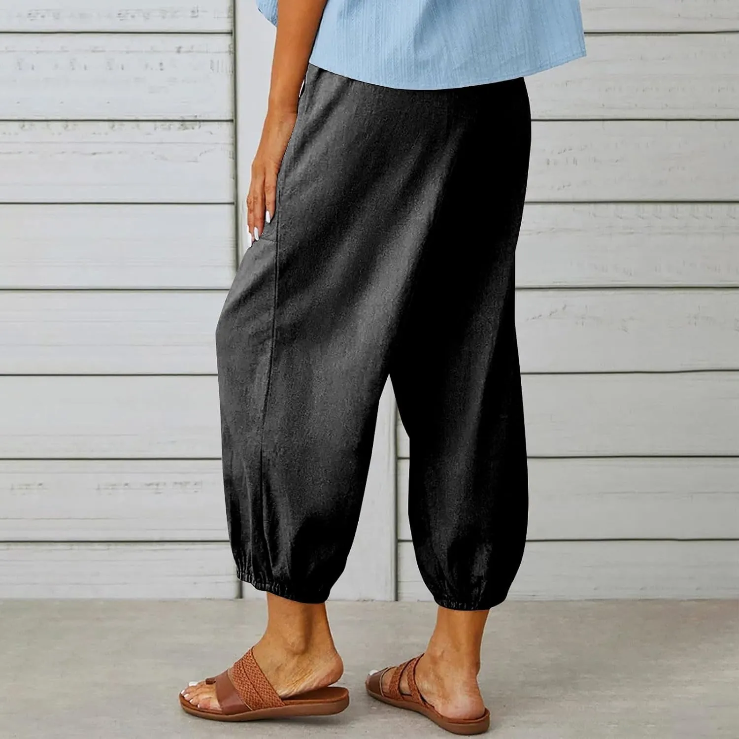 Women's Casual Lantern Tapered Harem Pants High Waist Baggy Cotton Linen Pants Summer Ankle Trousers with Pockets