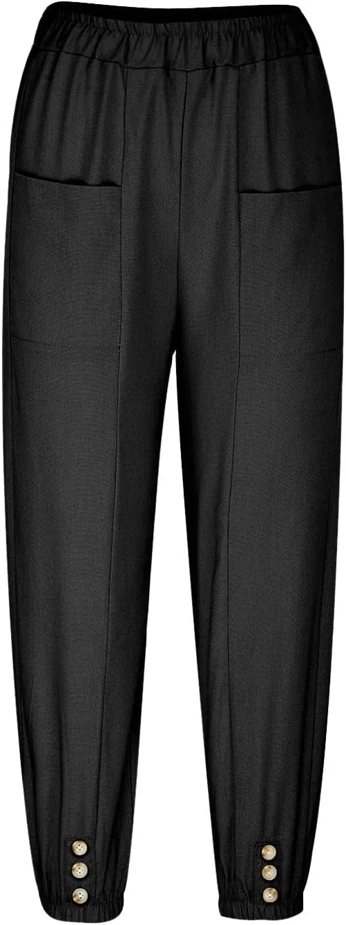 Women's Casual Lantern Tapered Harem Pants High Waist Baggy Cotton Linen Pants Summer Ankle Trousers with Pockets