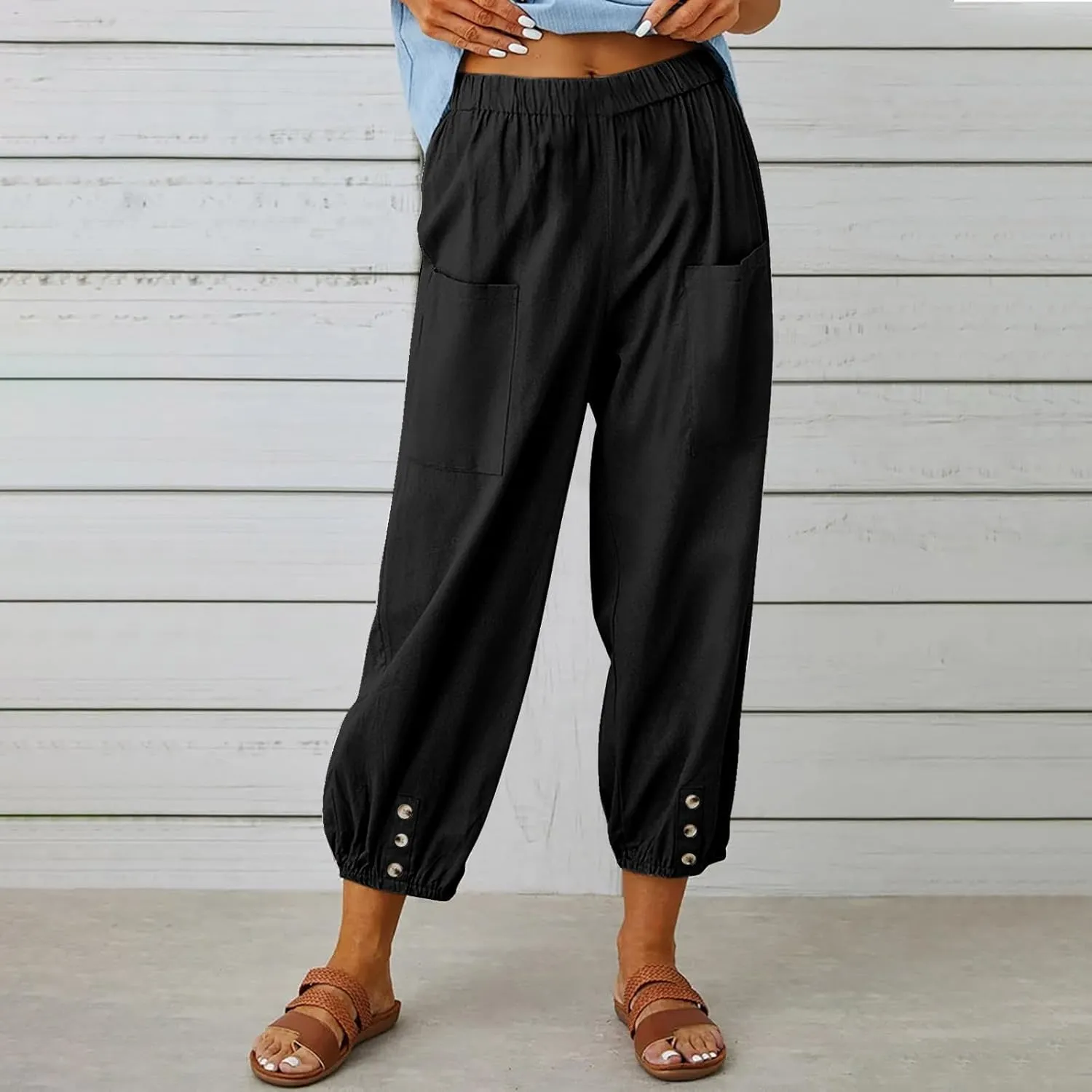 Women's Casual Lantern Tapered Harem Pants High Waist Baggy Cotton Linen Pants Summer Ankle Trousers with Pockets