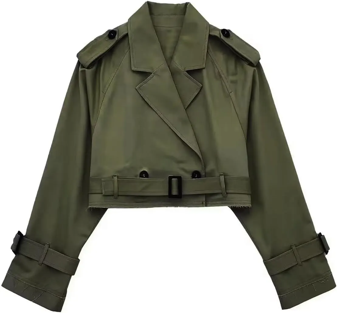 Women's Casual Multicolour Cropped Trench Fashion Coat Lapel Jacket Outwear With Belt