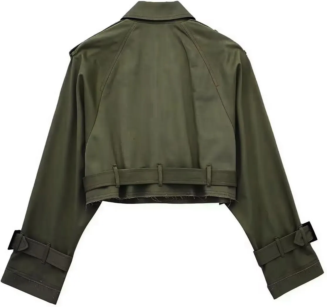 Women's Casual Multicolour Cropped Trench Fashion Coat Lapel Jacket Outwear With Belt