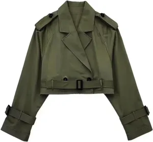 Women's Casual Multicolour Cropped Trench Fashion Coat Lapel Jacket Outwear With Belt