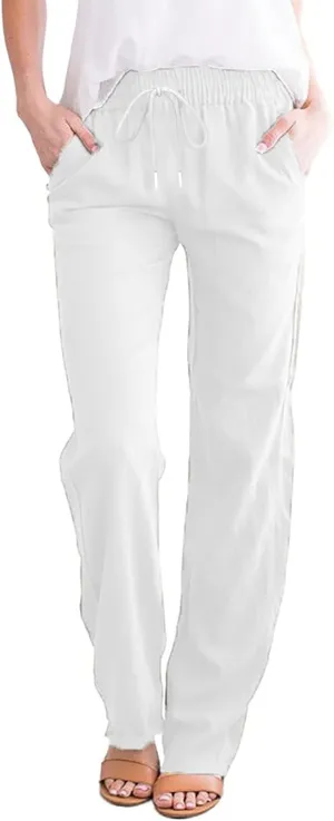Womens Causal Summer Pants 2024 Elastic High Waist Drawstring Lounge Pant Straight Leg Beach Vacation Trousers