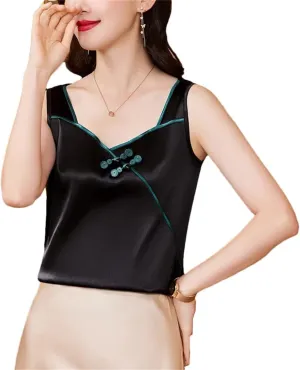 Women's Chinese Style Silk Satin Tank Tops Sleeveless Vest Shirt Patchwork Square Neck Camisole