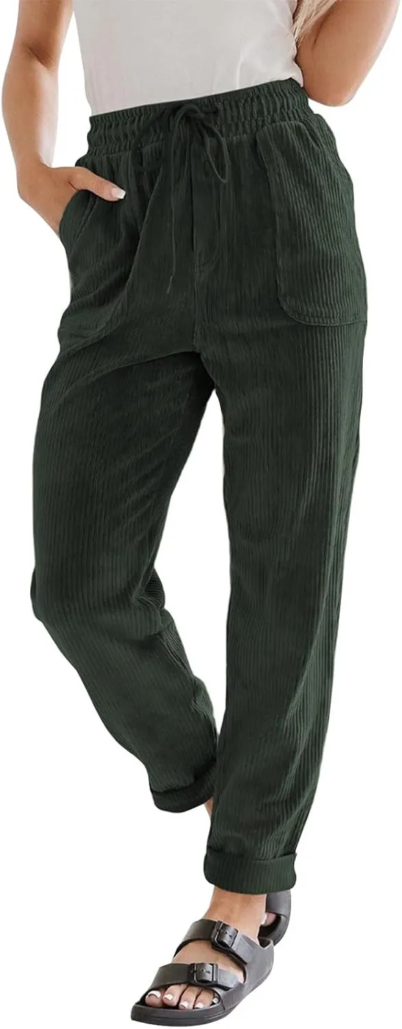 Womens Corduroy Pants Elastic High Waist Straight Leg Pants Casual Comfy Lightweight Cotton Baggy Trousers w/Pockets