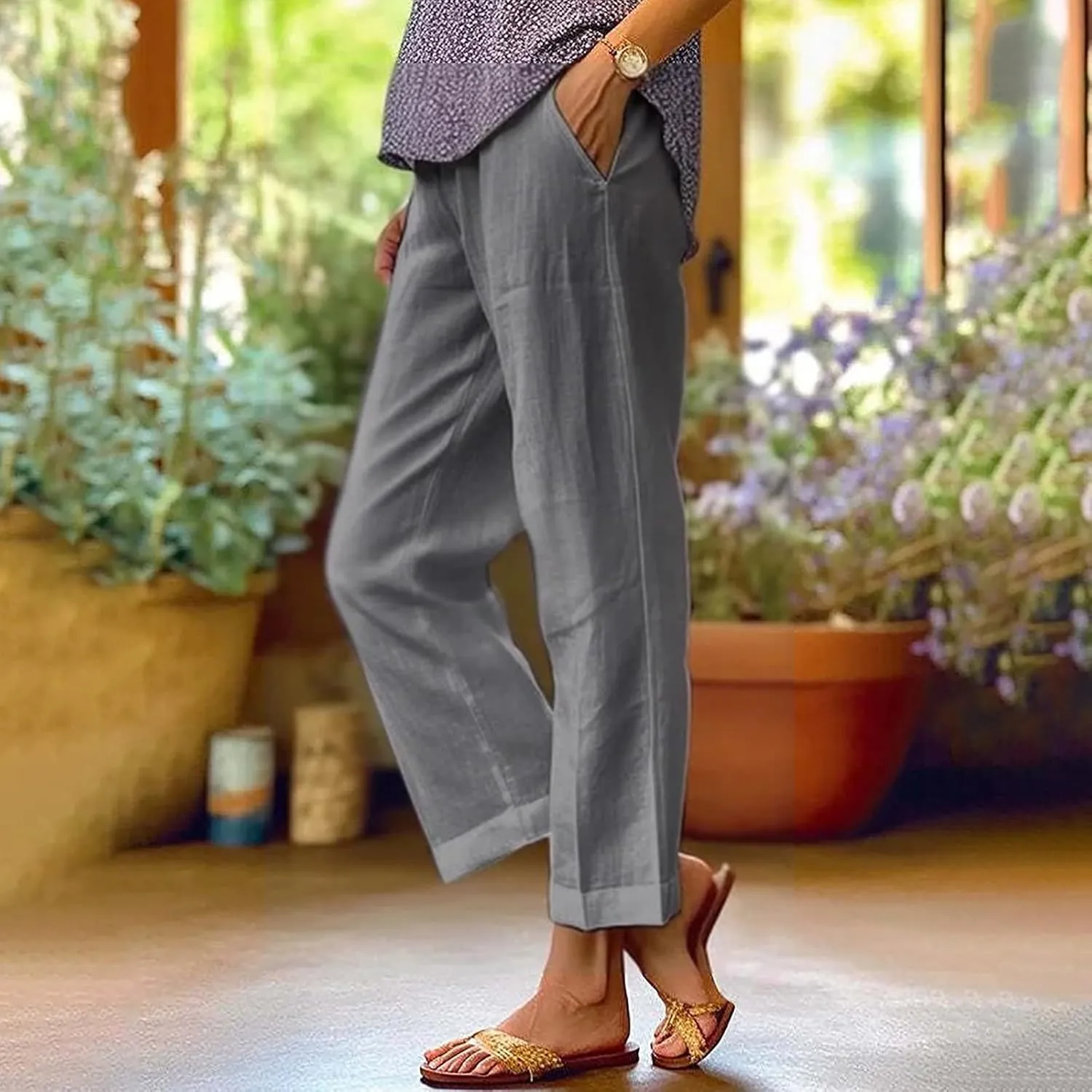 Women's Cotton Linen Pants Elastic Pants Long Drawstring Linen Women Waist Cotton Casual Pants Casual Wide Leg Loose