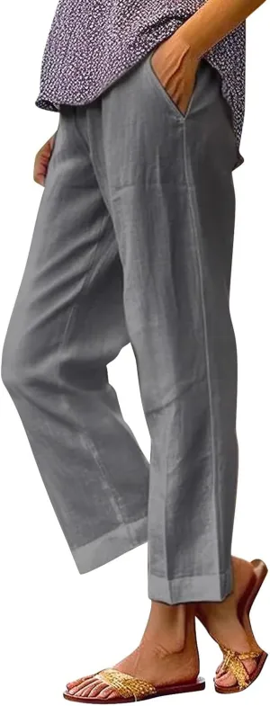 Women's Cotton Linen Pants Elastic Pants Long Drawstring Linen Women Waist Cotton Casual Pants Casual Wide Leg Loose