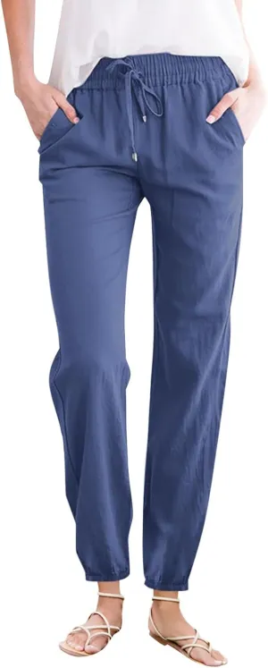 Women's Cotton Linen Pants High Waist Drawstring Elastic Pant Casual Slim Trousers with Pockets Summer Sweatpants