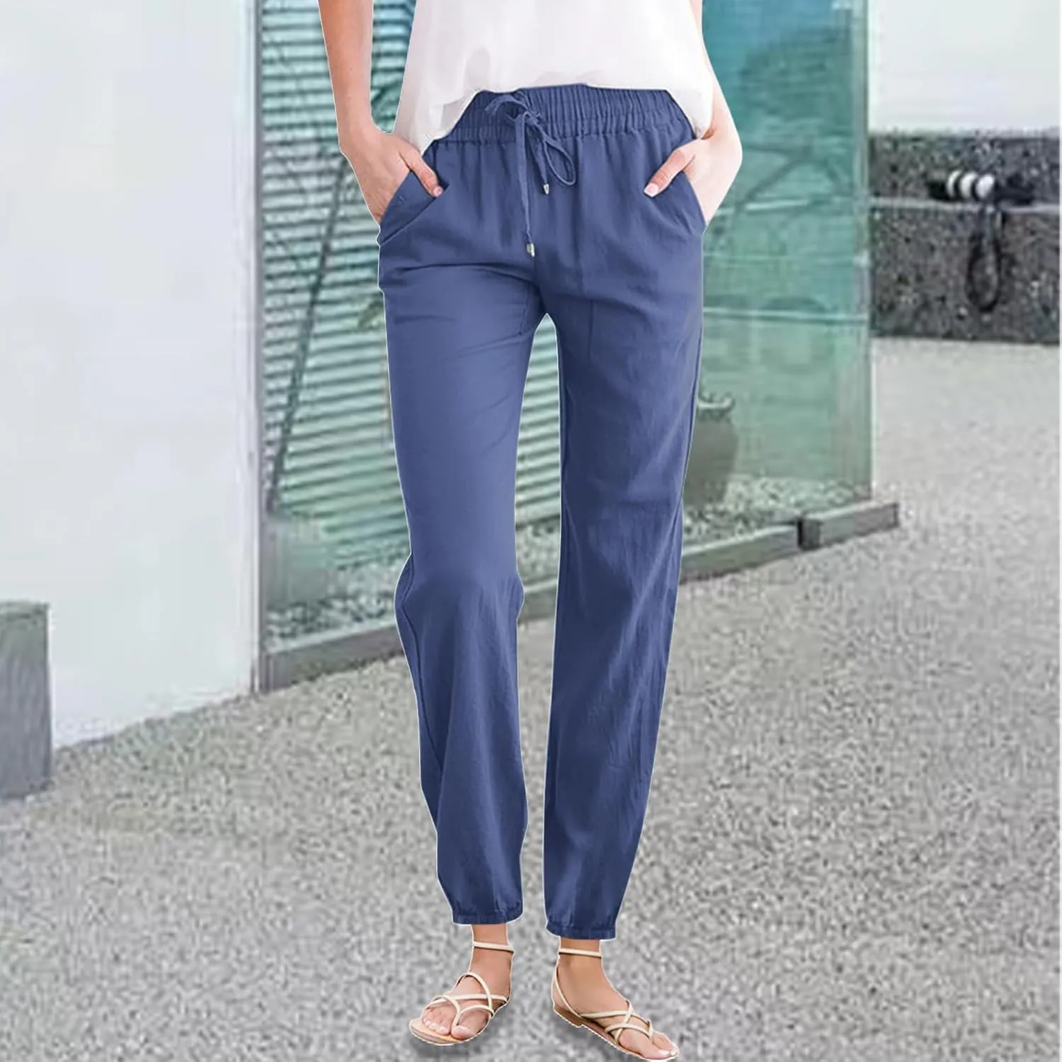 Women's Cotton Linen Pants High Waist Drawstring Elastic Pant Casual Slim Trousers with Pockets Summer Sweatpants