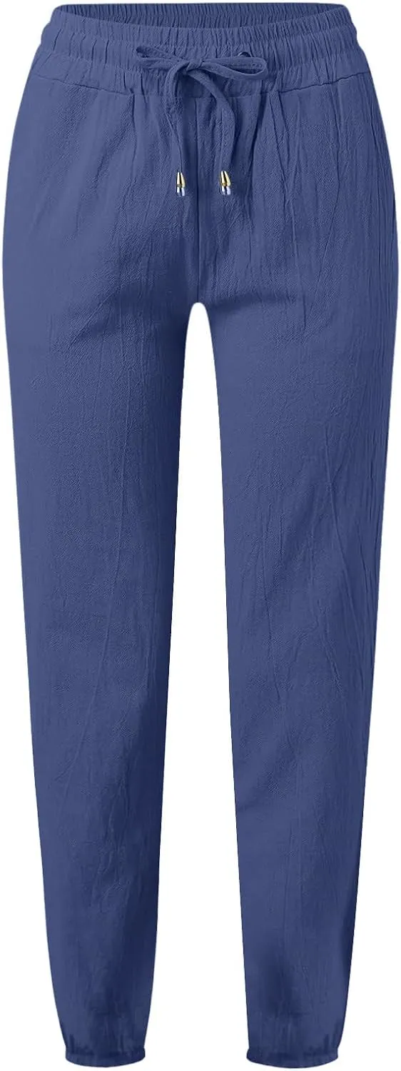 Women's Cotton Linen Pants High Waist Drawstring Elastic Pant Casual Slim Trousers with Pockets Summer Sweatpants