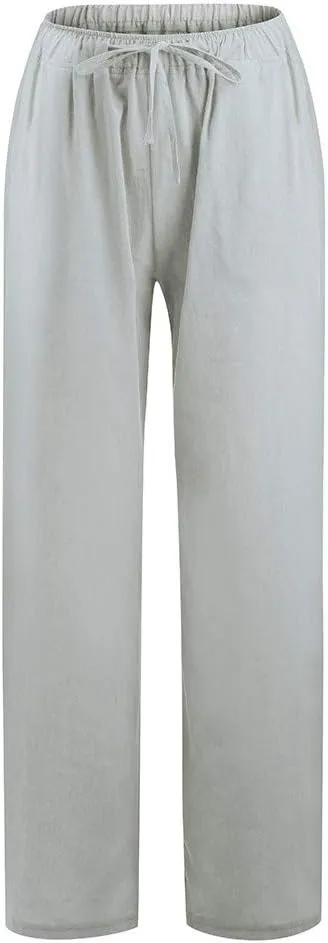 Womens Cotton Linen Pants Summer Casual Palazzo Pants Drawstring High Waist Harem Slacks Long Trousers with Pockets