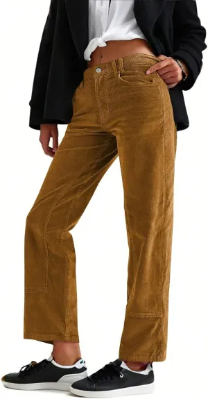 Women's Dressy Corduroy Pants Spring Vintage Straight Leg Work Pant Button High Waist Casual Loose Outdoor Trousers