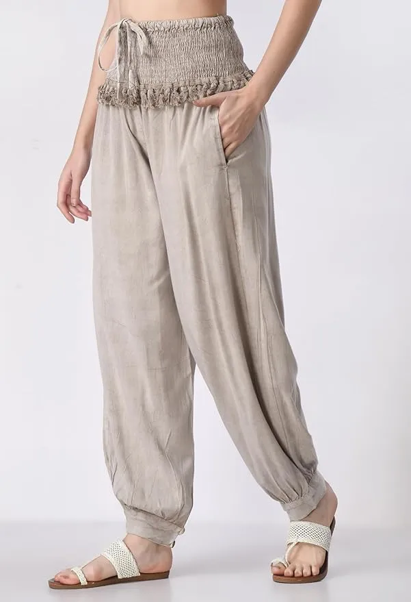 Women's Harem Pants, Smocked Waist, Loose Fit Joggers with Drawstring Free Size