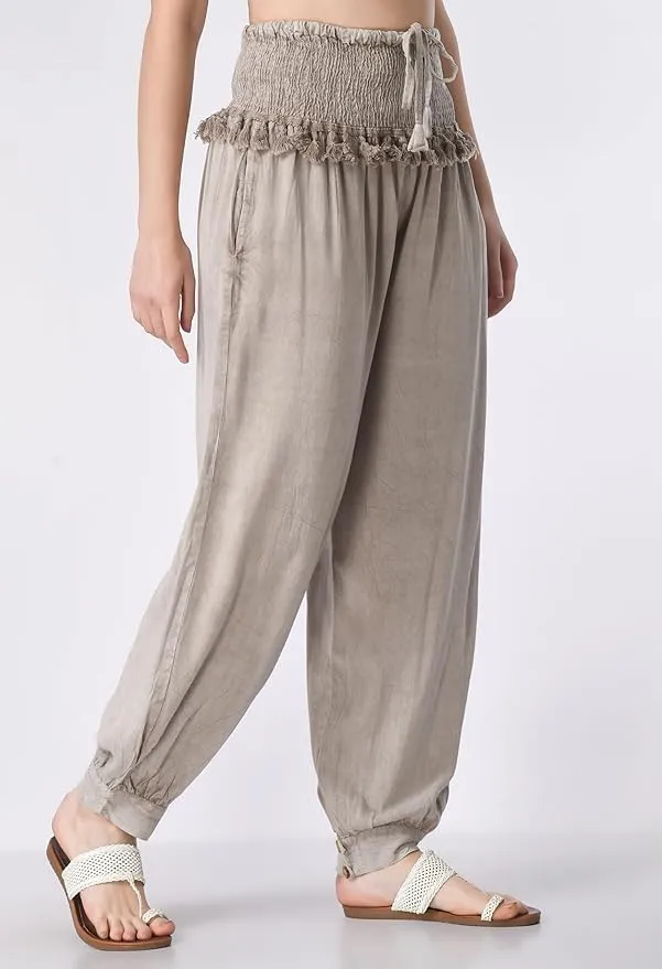 Women's Harem Pants, Smocked Waist, Loose Fit Joggers with Drawstring Free Size