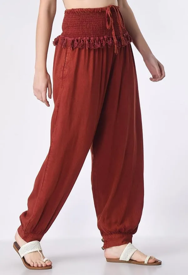 Women's Harem Pants, Smocked Waist, Loose Fit Joggers with Drawstring Free Size