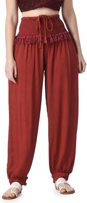 Women's Harem Pants, Smocked Waist, Loose Fit Joggers with Drawstring Free Size