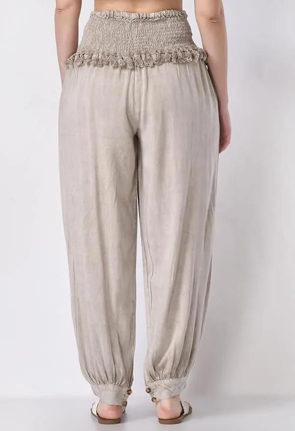 Women's Harem Pants, Smocked Waist, Loose Fit Joggers with Drawstring Free Size