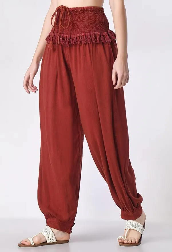 Women's Harem Pants, Smocked Waist, Loose Fit Joggers with Drawstring Free Size