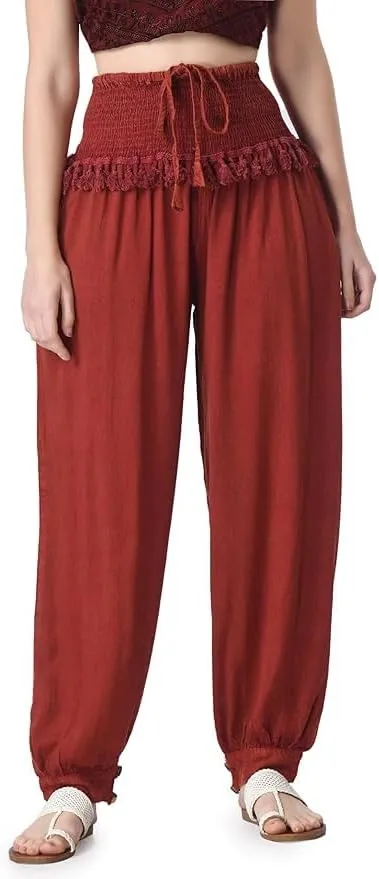 Women's Harem Pants, Smocked Waist, Loose Fit Joggers with Drawstring Free Size