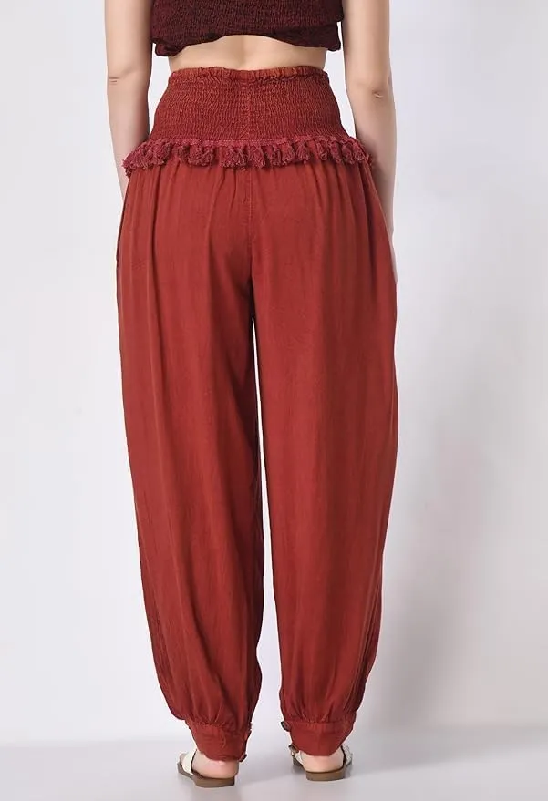 Women's Harem Pants, Smocked Waist, Loose Fit Joggers with Drawstring Free Size
