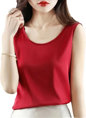 Womens Ice Silk Satin Tank Top Summer Crew-Neck Sleeveless Spaghetti Strap Camisole T-Shirt