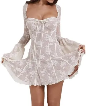 Women's Lace Floral Corset Mini Dress Heart Low Neck Open Back Ruffle Trim Bell Long Sleeve Short Dresses