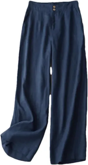 Women's Linen High Waist Wide Leg Pants  Loose Casual Straight Pants Button-Up Summer Trousers