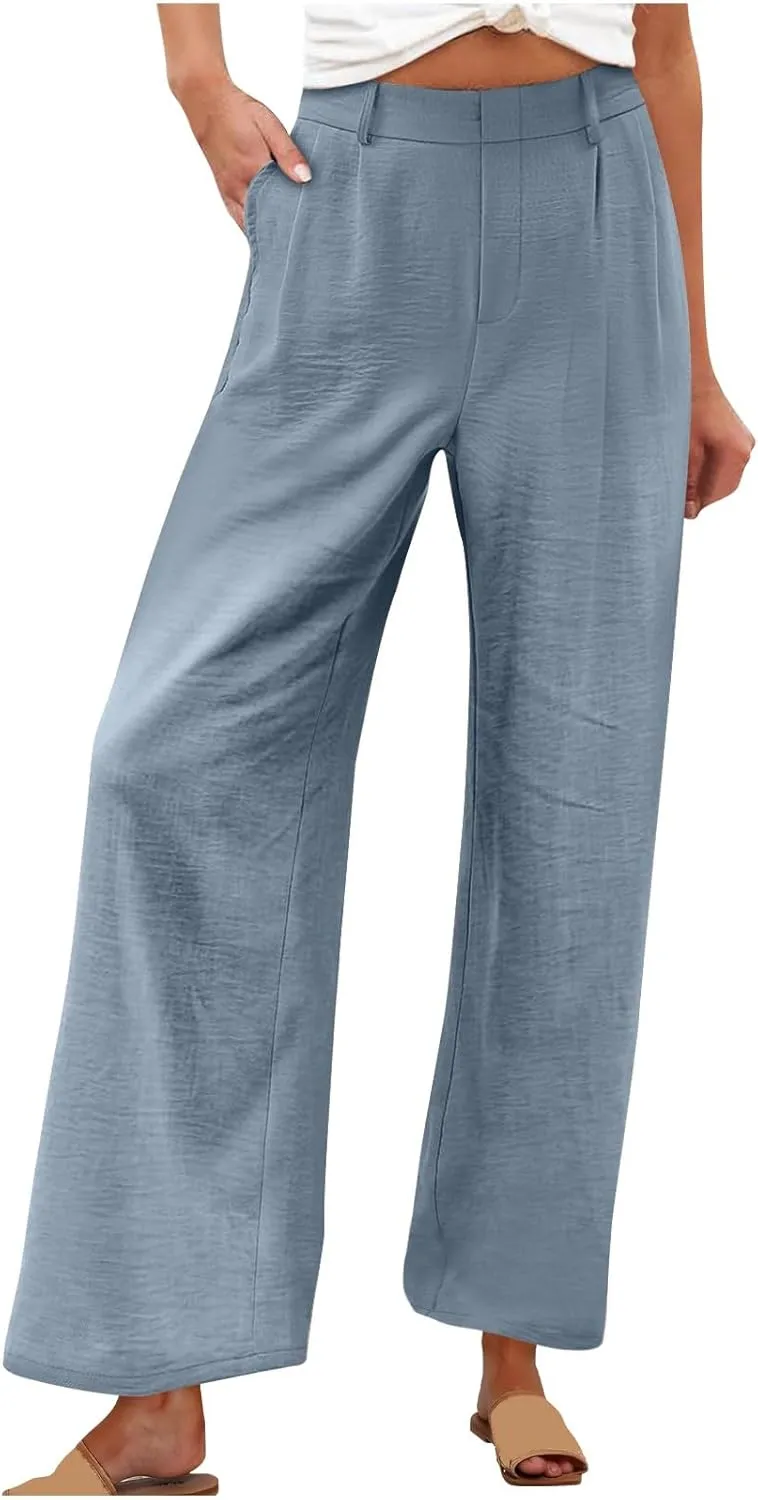 Womens Linen Palazzo Trousers Summer Boho Wide Leg High Waist Casual Lounge Pant Slacks Beach Travel Vacation Pants