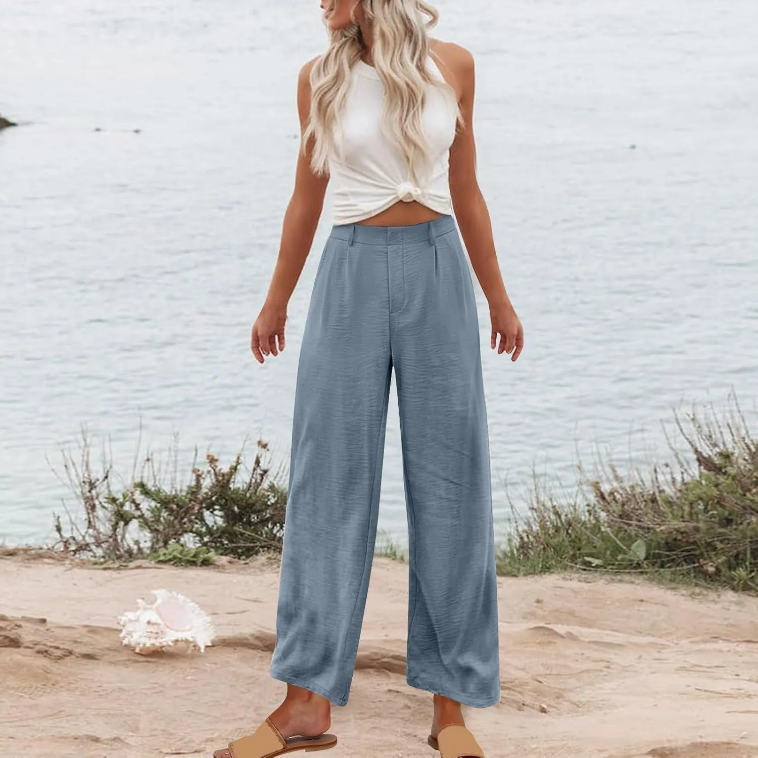 Womens Linen Palazzo Trousers Summer Boho Wide Leg High Waist Casual Lounge Pant Slacks Beach Travel Vacation Pants
