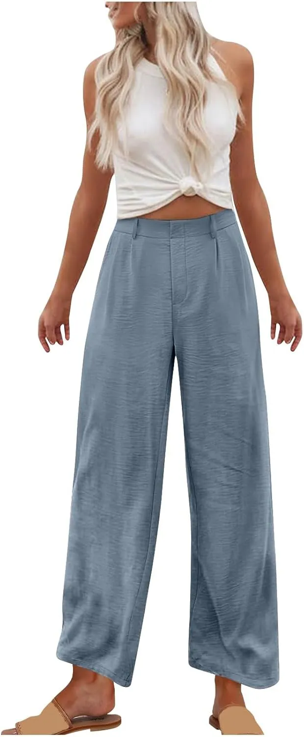 Womens Linen Palazzo Trousers Summer Boho Wide Leg High Waist Casual Lounge Pant Slacks Beach Travel Vacation Pants