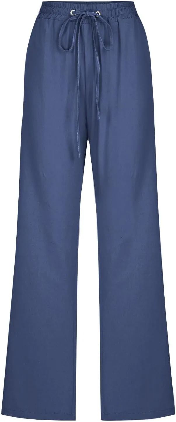 Womens Linen Pants Casual 2025 Summer High Waisted Drawstring Lounge Trousers Beach Straight Wide Leg Joggers Pants