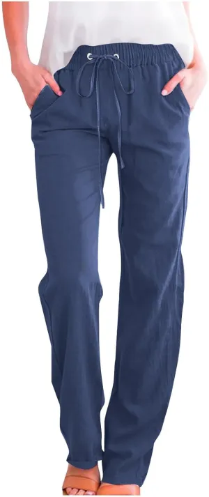 Womens Linen Pants Casual 2025 Summer High Waisted Drawstring Lounge Trousers Beach Straight Wide Leg Joggers Pants