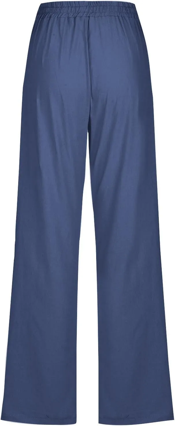 Womens Linen Pants Casual 2025 Summer High Waisted Drawstring Lounge Trousers Beach Straight Wide Leg Joggers Pants