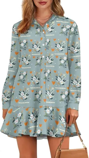 Women's Long Sleeve Button Down Shirt Dress Trendy Casual Flowy Mini Dress with Pockets Loose Ruffle Hem