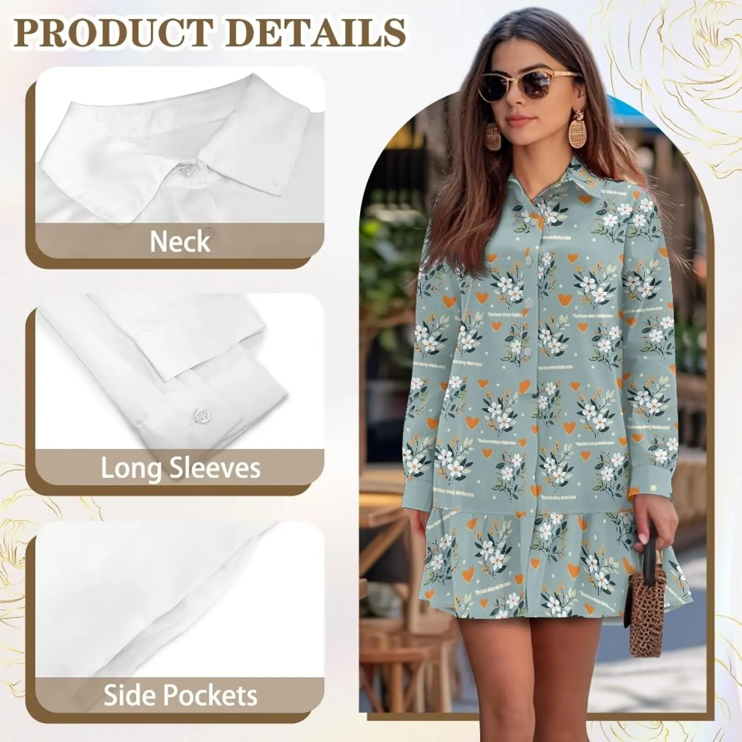 Women's Long Sleeve Button Down Shirt Dress Trendy Casual Flowy Mini Dress with Pockets Loose Ruffle Hem