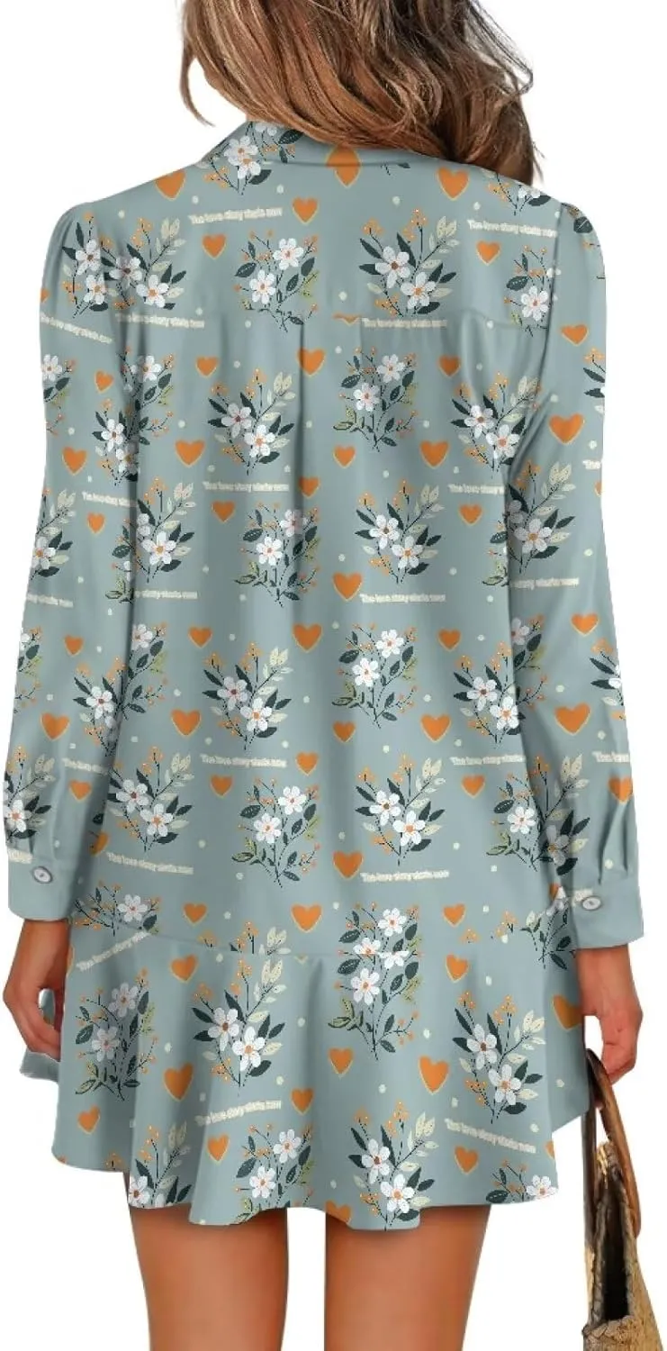 Women's Long Sleeve Button Down Shirt Dress Trendy Casual Flowy Mini Dress with Pockets Loose Ruffle Hem