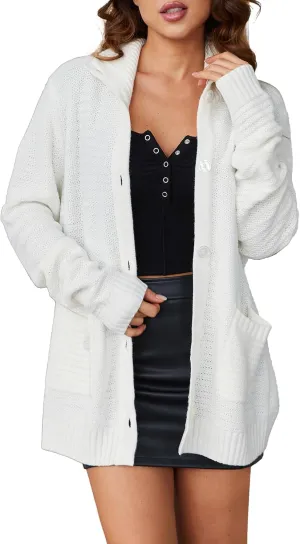 Womens Open Front Cardigan Hollow Out Crochet Long Sleeve Knit High Collar Sweater Coat with Pockets