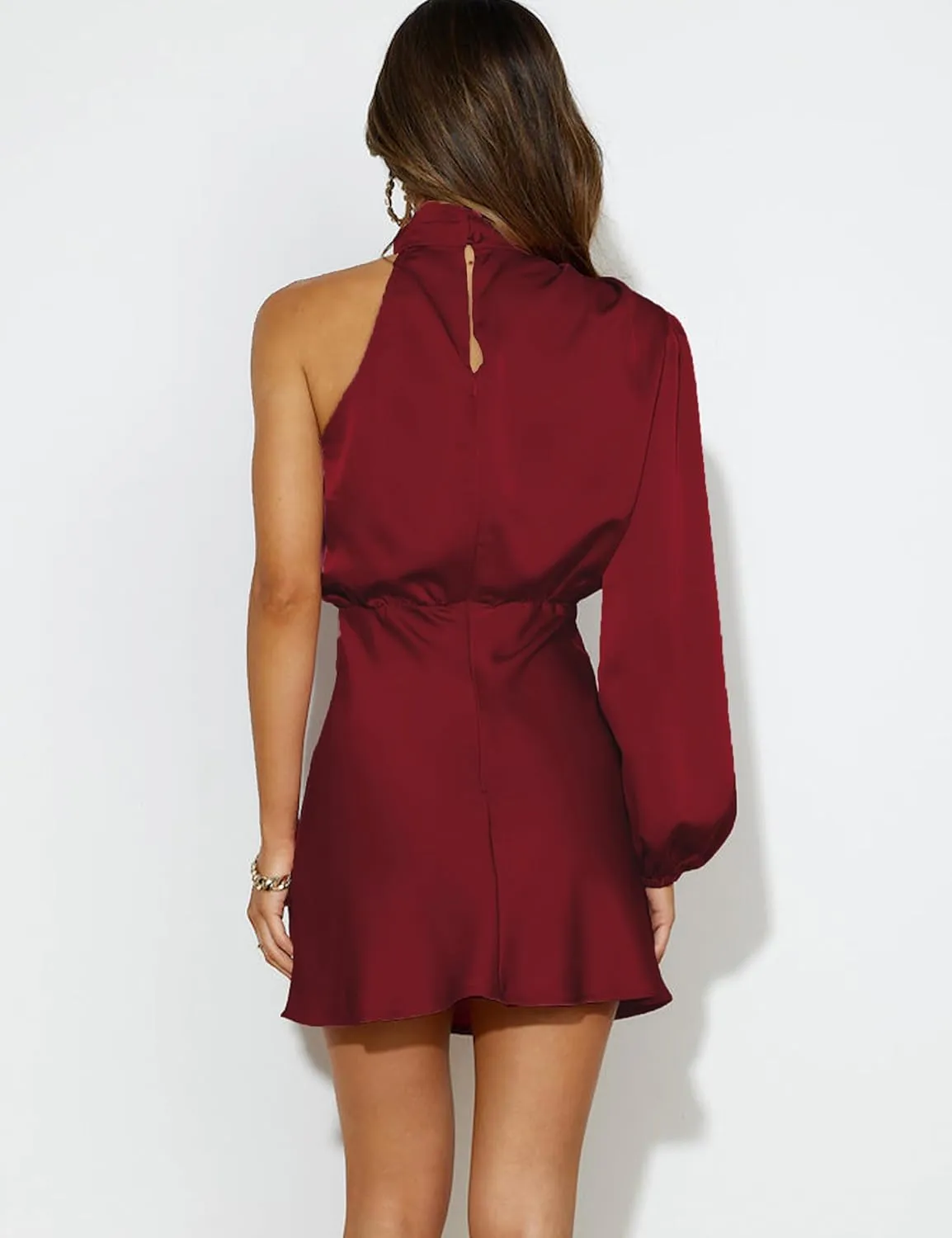 Women's Satin Long Sleeve One Shoulder Mini Dress Silk One Sleeve Turtle Neck Cut Out Cocktail Short Dress for Women