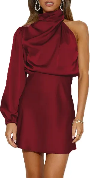 Women's Satin Long Sleeve One Shoulder Mini Dress Silk One Sleeve Turtle Neck Cut Out Cocktail Short Dress for Women