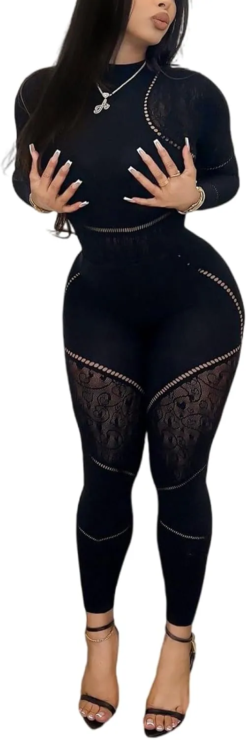 Women's Sexy Seamless Jumpsuit 2 piece outfit, Mock Neck Long Sleeve Bodysuit with Snap Crotch and Leggings Set