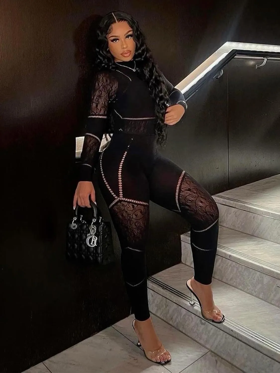 Women's Sexy Seamless Jumpsuit 2 piece outfit, Mock Neck Long Sleeve Bodysuit with Snap Crotch and Leggings Set